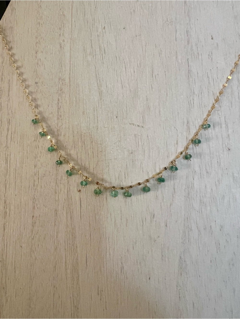14K Gold Necklace with Small Green Emerald Gemstone Drops - Picture 3 of 5